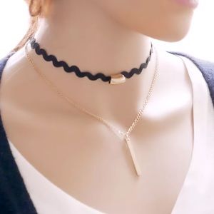 Black multi layer Choker Necklace with chain